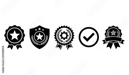 A collection of old fashioned badges and emblems with stars gears ribbons and checkmarks in monochrome black