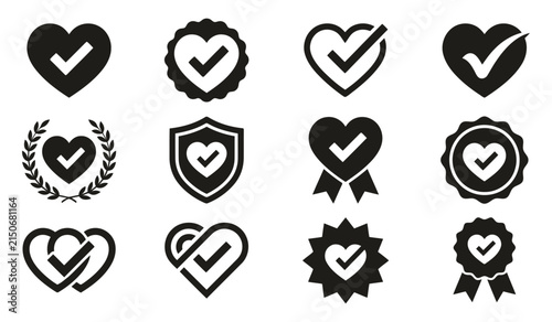 A diverse collection of black heart icons each featuring a checkmark symbolizing love approval quality and positive affirmation
