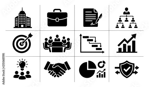 A set of black business icons illustrating concepts like growth strategy effective teamwork and overall financial success in the workplace