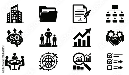 A collection of black silhouette icons illustrating essential business ideas including management strategy successful teamwork and positive financial growth concepts