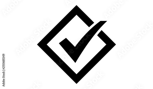 A black and white graphic icon featuring a bold check mark inside a diamond shape representing success and completion