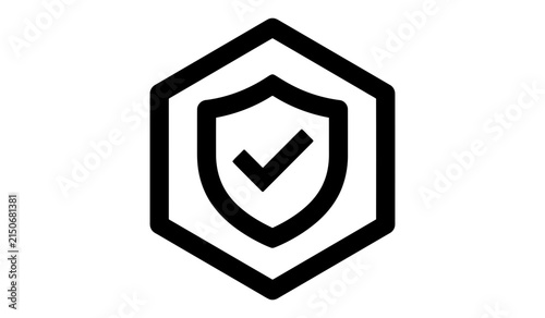 Minimalist black and white vector icon featuring a shield with a check mark inside a hexagon representing security and protection
