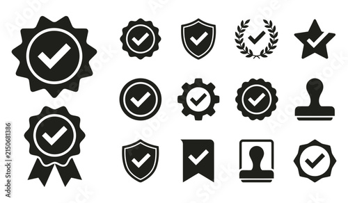 A collection of black and white check mark icons representing quality assurance certification approval validation and professional business verification symbols