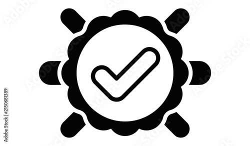 A black and white icon featuring a check mark inside a decorative circular seal representing approval certification quality assurance and validation