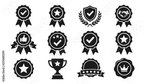Set of twelve black and white award badges and trophy icons featuring stars checkmarks and ribbons for business quality certification
