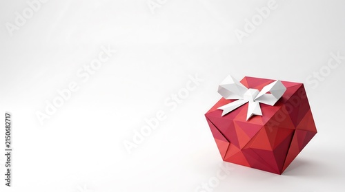 A red geometric origami gift box with a white paper bow isolated on a white background.