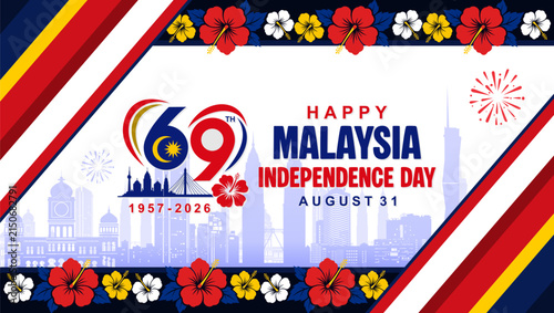 Happy Malaysia Independence Day 2026 banner with 69th anniversary logo, red hibiscus borders, and fireworks.