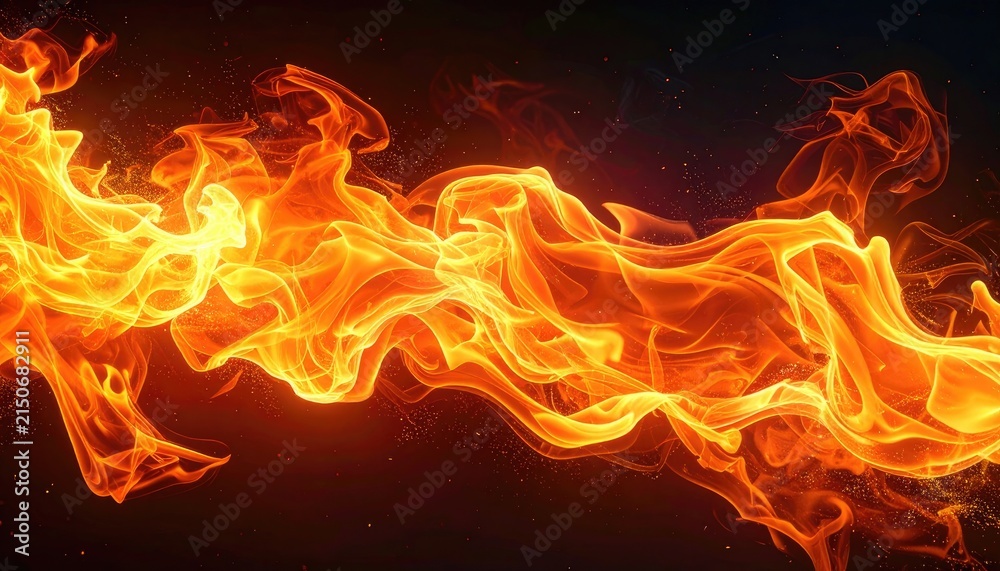 Fototapeta premium Dynamic abstract fire flames with glowing embers against a dark background.