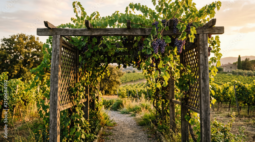 Fototapeta premium Grapevine trellis vineyard wooden grape vine arbor garden rustic countryside wooden trellis covered with grapevine and purple grape in rural vineyard landscape at sunset