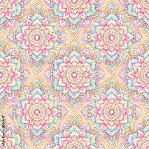 Soft pastel floral pattern with symmetrical mandala design