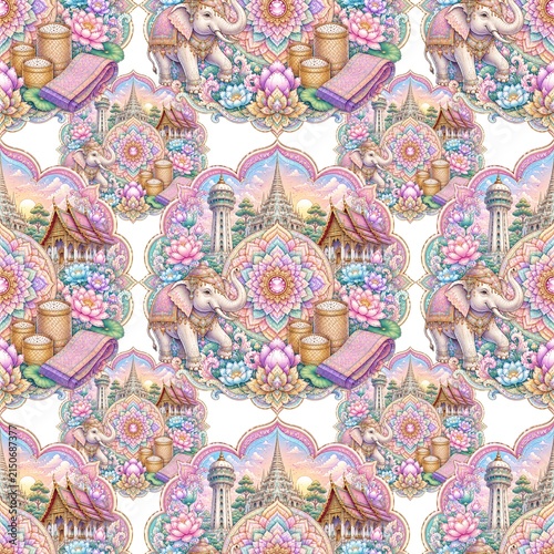 Pink floral pattern with elephants and temple structures