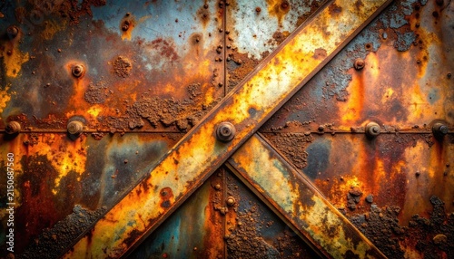 Close-up of heavily rusted metal panels with a riveted cross-brace.