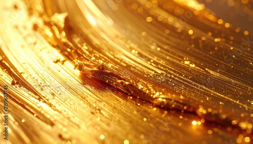 Close-up abstract view of golden brush strokes with glittering particles and bokeh effects.