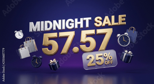Promotional graphic for a midnight sale featuring golden 3D numbers and a discount badge.
