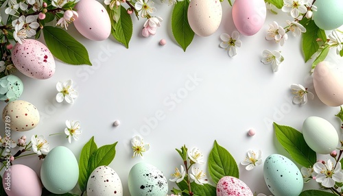 A delightful arrangement of pastel Easter eggs nestled amongst blooming cherry blossoms and fresh green leaves.