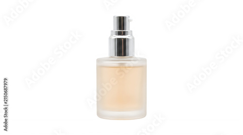 Frosted glass cosmetic bottle with silver pump, luxury skincare serum container, elegant liquid foundation dispenser for beauty branding isolated on Transparent Background