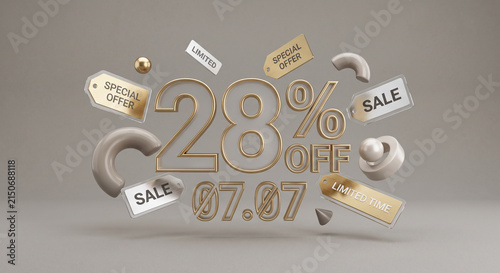 Golden 3D twenty-eight percent off text floats with sale tags on a neutral background.
