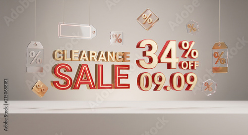 3D render of a clearance sale banner with red and gold text on a light background.
