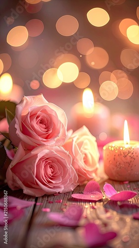 Soft pink roses and flickering candles create a romantic ambiance with bokeh lights.