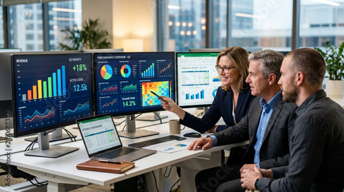 Business team analyzing financial data on multiple monitors in modern office