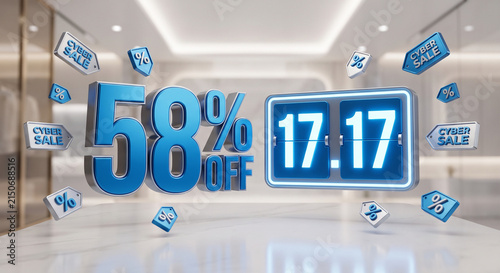 3D blue fifty-eight percent off text next to a digital flip clock on a bright background.