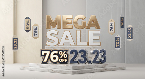 3D mega sale sign displays a seventy-six percent discount on a light grey background.