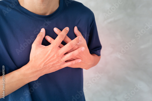 Canvastavla hand hold chest with heart attack symptoms, man have chest pain caused by heart