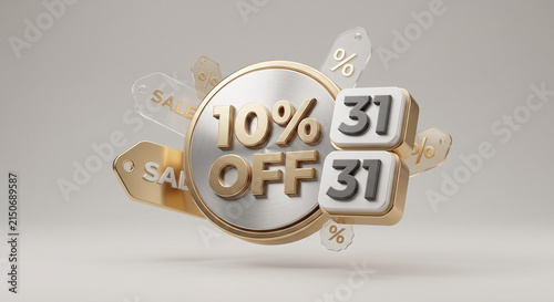 3D render of a gold and silver ten percent off discount badge with calendar blocks.