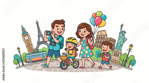 Vector illustration of a happy family traveling around the world together