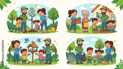 Family Gardening and Environmental Care Vector Illustrations