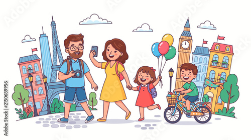 Happy family traveling together in a European city, vector illustration