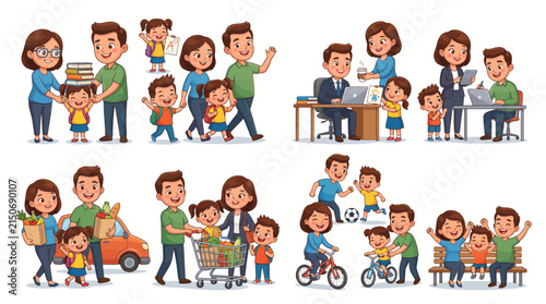 Vector Illustration Set of Happy Family Daily Activities and Parenting Routines
