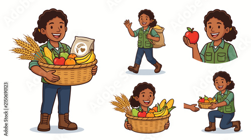 Vector illustration set of an African American female farmer with harvested crops