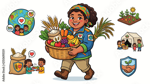 Vector illustration of a volunteer carrying a basket of fresh food and icons about global aid