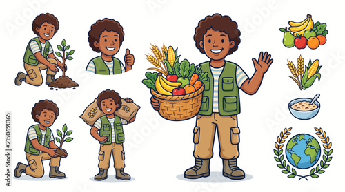 Vector illustration set of a friendly male farmer with crops, produce, and plants