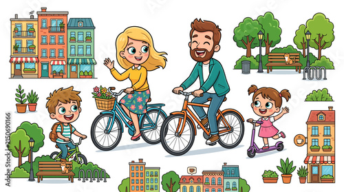 Happy Family Riding Bicycles and Scooter in City Park Vector Illustration Set