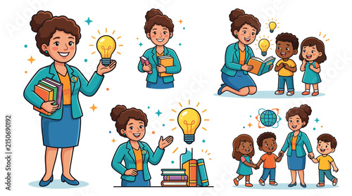 Teacher with Lightbulb and Students - Vector Art Collection
