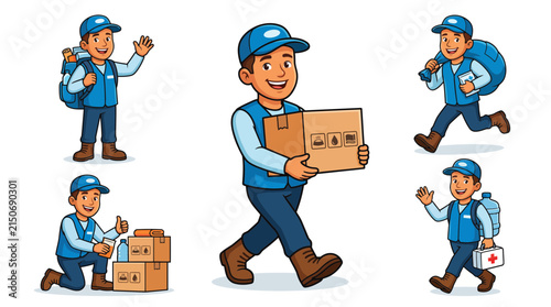Set of Cute Courier Delivery Man Character Poses Vector Illustration