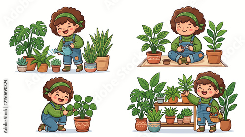 Cute Girl Gardening Houseplants Vector Illustration Set