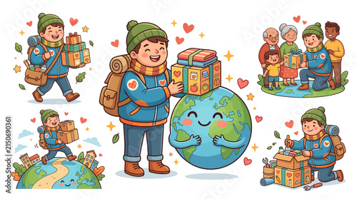 Vector Illustration Set of a Boy Delivering Gifts and Caring for the Earth