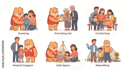 Vector Illustration Set Featuring Humanitarian Relief and Community Support Services