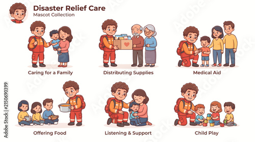 Humanitarian Aid Worker Assisting Families and Children Vector Character Set