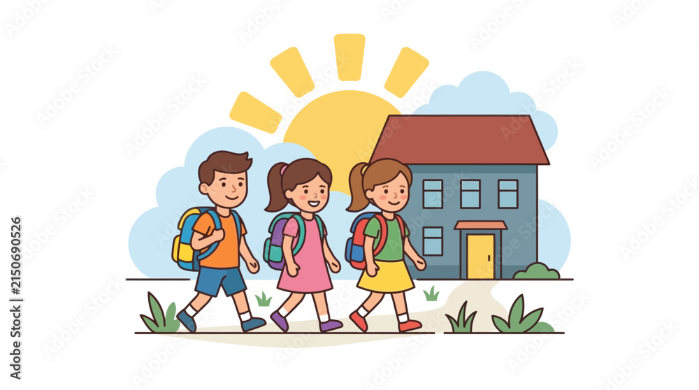 Fototapeta premium Three happy children with backpacks walking to school under a sunny sky, isolated on transparent background