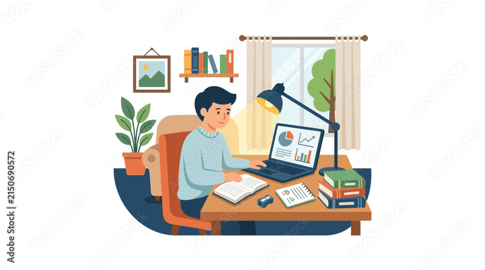 Obraz premium Young Man Studying At Desk With Laptop and Books, Home Office, Online Education, Remote Work Concept