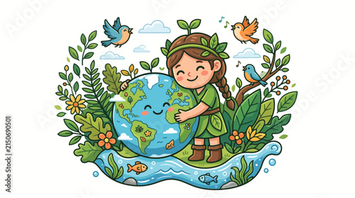 Cute Girl Hugging Smiling Planet Earth with Green Nature and Birds Vector