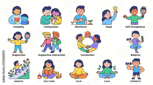 Empowering Vector Graphic Set Promoting Mental Health, Positive Emotions, and Human Connection