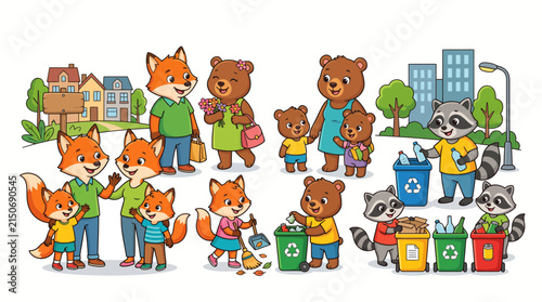 Cute Vector Illustration of Forest Animals Recycling and Cleaning Their Community Neighborhood