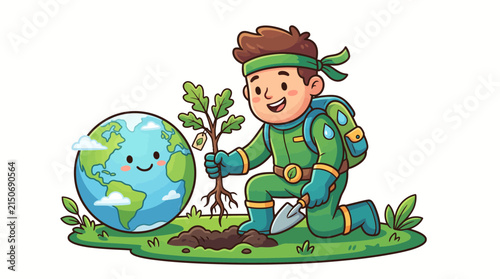 Boy Planting Sapling Tree Near Cute Smiling Earth Globe Vector Illustration