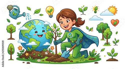 Eco Superhero Girl Planting Tree with Cute Earth Planet Concept Vector Illustration