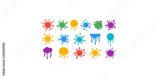 Assorted liquid paint splatter and dripping ink blot set in vibrant rainbow colors for artistic graphic textures.